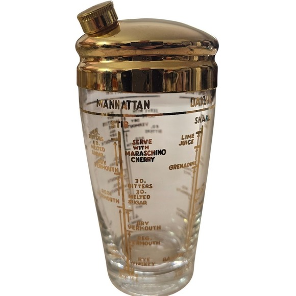Vintage Mid Century Gold Recipe Glass Cocktail Shaker Martini Manhattan Bronx - Picture 2 of 12